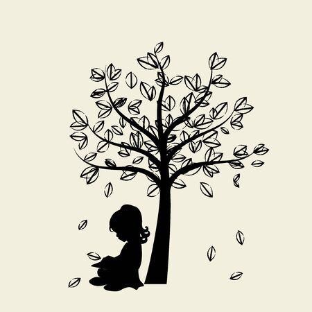Vector background with children read a book under tree. Vector Illustrationのイラスト素材