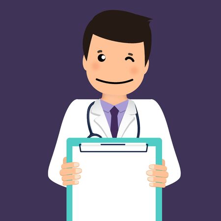 Doctor holding medical clipboard, vector illustration. Concept healthcare. Medical background.のイラスト素材