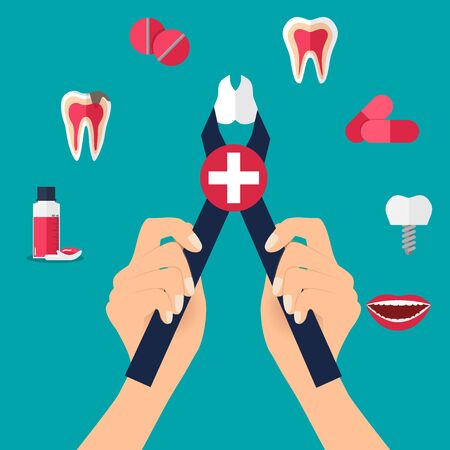 Dentist holds a dental instrument. Dental concept. Dentist background. Vector illustration.のイラスト素材
