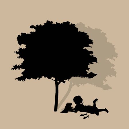 Vector background with children read a book under tree. Vector Illustrationのイラスト素材