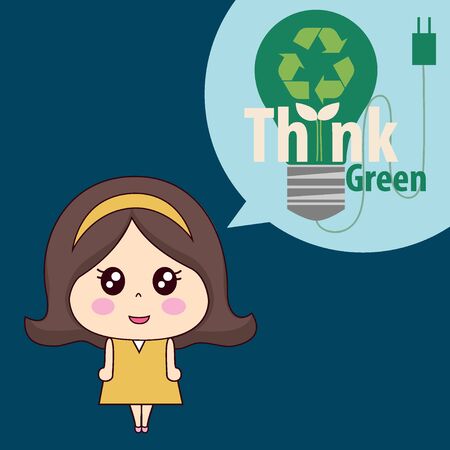 Think green. Ecology concept. Girl with green light bulb. Vector illustration.のイラスト素材