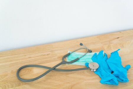 Surgical mask protection against pollution, virus, flu and Coronavirus (COVID-19). Medical mask, Face mask and medical gloves.の写真素材
