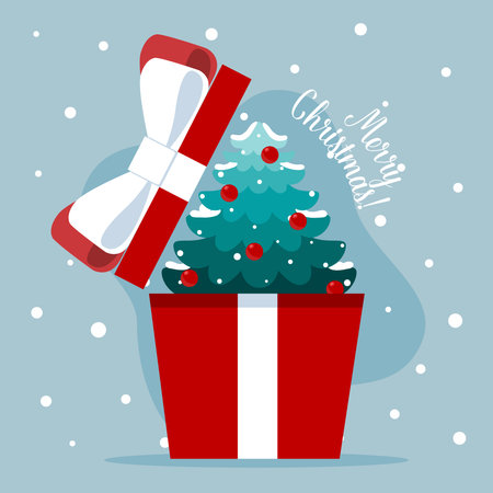 Opened gift box with Christmas tree. Merry Christmas and happy new year. Vector Illustrationのイラスト素材