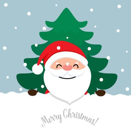Cartoon vector Santa Claus and decorated christmas tree. Holiday background. Merry Christmas and Happy New Year. Vector illustration.のイラスト素材