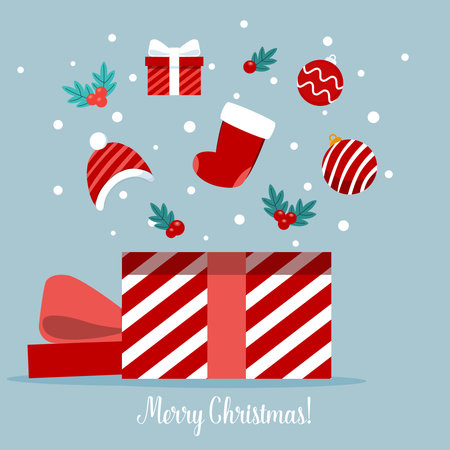 Open gift box full of decorative festive object. Merry Christmas and happy new year. Vector Illustrationのイラスト素材