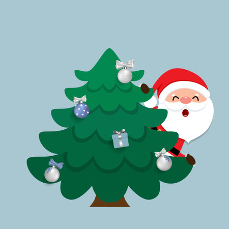 Cartoon vector Santa Claus and decorated christmas tree. Holiday background. Merry Christmas and Happy New Year. Vector illustration.のイラスト素材