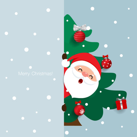 Cartoon vector Santa Claus and decorated christmas tree. Holiday background. Merry Christmas and Happy New Year. Vector illustration.のイラスト素材