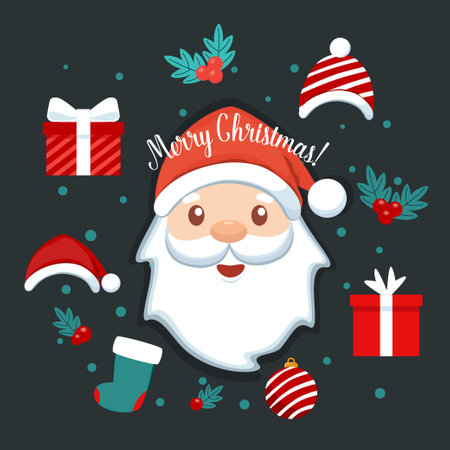 Christmas Santa Claus Cartoon and Decorative festive object. Merry Christmas and happy new year. Vector Illustrationのイラスト素材