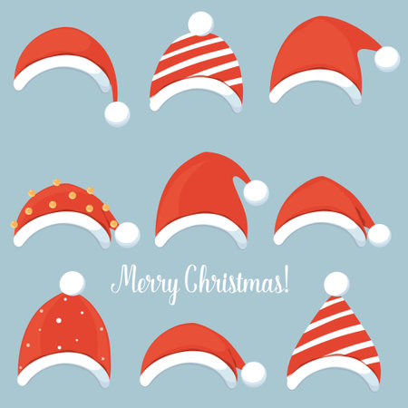 Christmas Santa Claus hats. Merry Christmas and happy new year greeting card. Vector Illustrationのイラスト素材