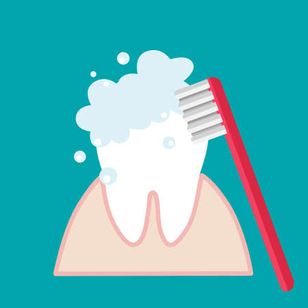 Brushing Teeth. Toothbrush hold in hand man. Dental care concept. Toothpaste bubbles foam. Oral hygiene. Vector illustration.のイラスト素材