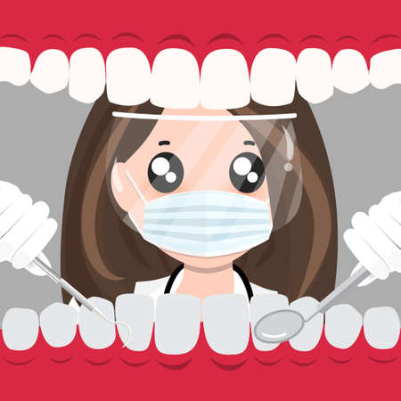Hand holding instruments for examining patient teeth. Teeth examination dentistry concept.Â のイラスト素材