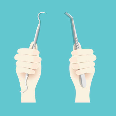 Hand holding instruments for examining patient teeth. Teeth examination dentistry concept.Â のイラスト素材