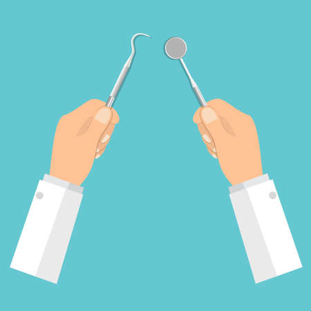 Dentist holding instruments and examining patient teeth. Teeth examination dentistry concept.Â のイラスト素材
