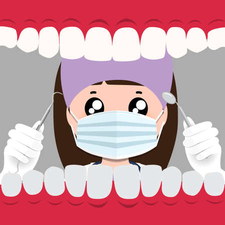 Dentist and Human teeth. Dental care background. Vector illustration.のイラスト素材
