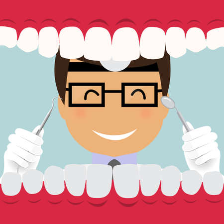 Dentist and Human teeth. Dental care background. Vector illustration.のイラスト素材