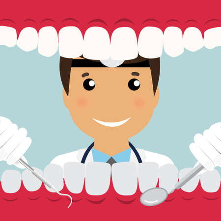 Dentist holding instruments and examining patient teeth. Patient mouth inside view. Teeth examination dentistry concept.Â のイラスト素材