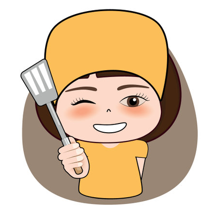 A happy housewife holding a spatula. Vector illustrationのイラスト素材