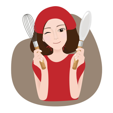 A happy housewife holding a whisk. Vector illustrationのイラスト素材