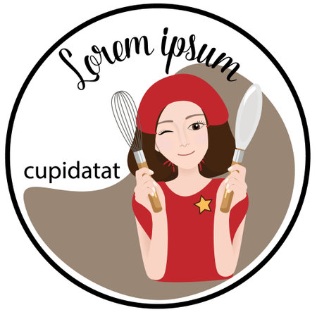 A happy housewife holding a whisk. Vector illustrationのイラスト素材