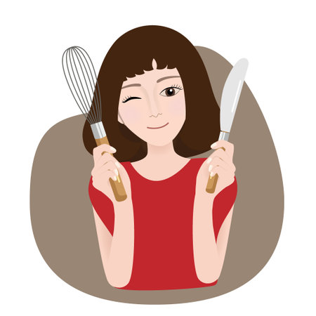 A happy housewife holding a whisk. Vector illustrationのイラスト素材