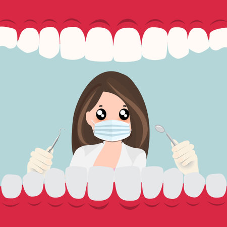 Dentist holding instruments and examining patient teeth. Teeth examination dentistry concept.Â のイラスト素材