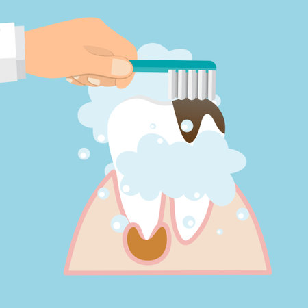 Hand holding instruments for examining patient teeth and Hand holding Toothbrushのイラスト素材