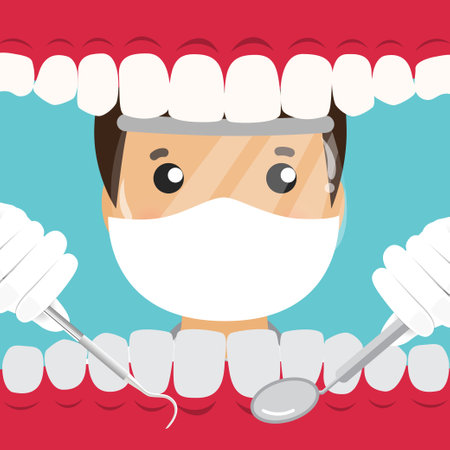 Dentist holding instruments and examining patient teeth. Patient mouth inside view. Teeth examination dentistry concept.Â のイラスト素材