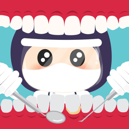 Dentist holding instruments and examining patient teeth. Patient mouth inside view. Teeth examination dentistry concept.Â のイラスト素材