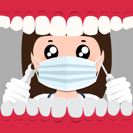 Dentist and Human teeth. Dental care background. Vector illustration.のイラスト素材