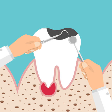 Dentist and Human teeth. Dental care background. Vector illustration.のイラスト素材