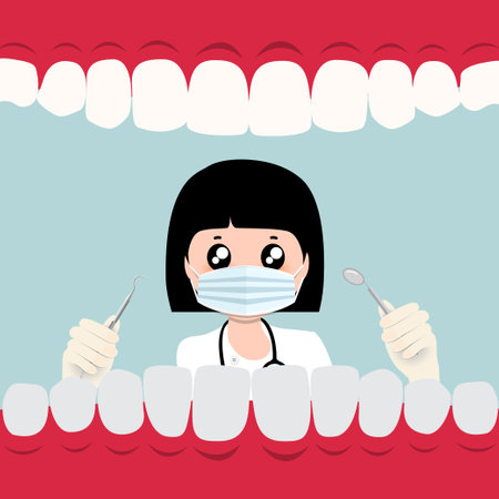 Dentist and Human teeth. Dental care background. Vector illustration.のイラスト素材