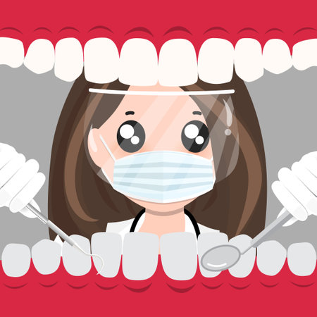Dentist and Human teeth. Dental care background. Vector illustration.のイラスト素材
