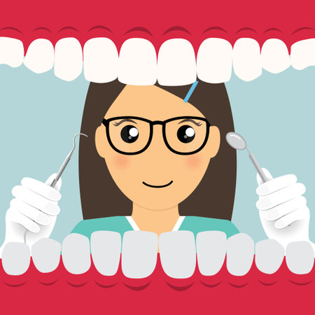 Dentist and Human teeth. Dental care background. Vector illustration.のイラスト素材