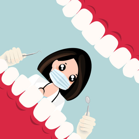 Dentist and Human teeth. Dental care background. Vector illustration.のイラスト素材