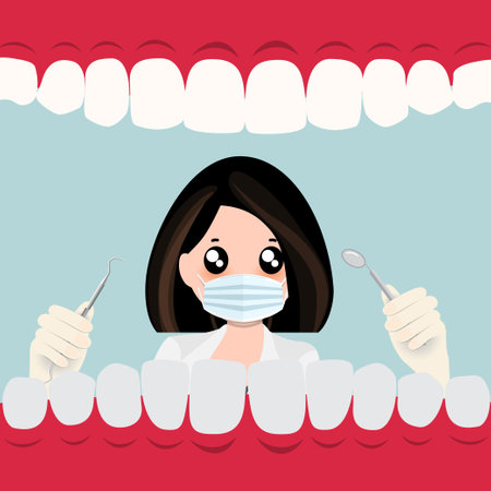 Dentist and Human teeth. Dental care background. Vector illustration.のイラスト素材