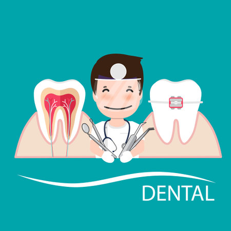 Dentist holding instruments and examining patient teeth. Patient mouth inside view. Teeth examination dentistry concept.Â のイラスト素材