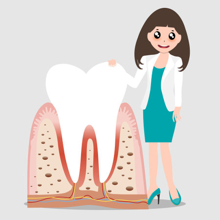 Dentist holding instruments and examining patient teeth. Patient mouth inside view. Teeth examination dentistry concept.Â のイラスト素材