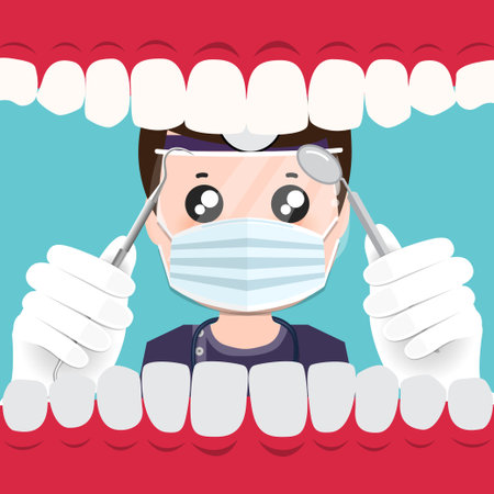 Dentist holding instruments and examining patient teeth. Patient mouth inside view. Teeth examination dentistry concept.Â のイラスト素材