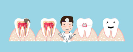 Hand holding instruments for examining patient teeth and Hand holding Toothbrushのイラスト素材
