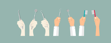 Hand holding instruments for examining patient teeth and Hand holding Toothbrushのイラスト素材
