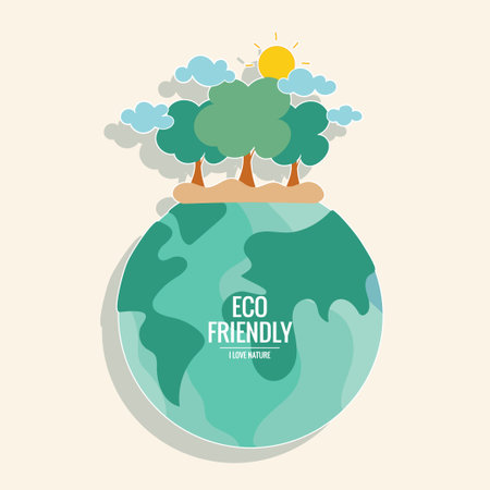 ECO FRIENDLY. Ecology concept with Green Eco Earth and Trees. Vector illustrationのイラスト素材