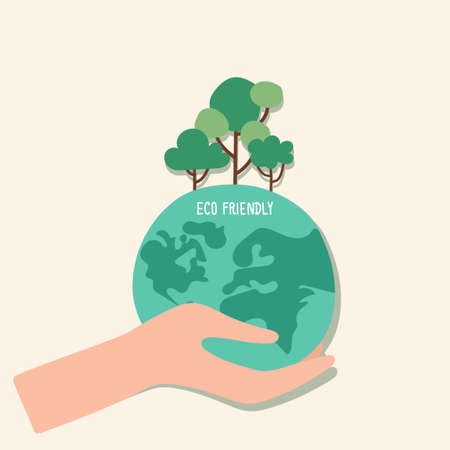 ECO FRIENDLY. Ecology concept with Green Eco Earth and Trees. Vector illustrationのイラスト素材