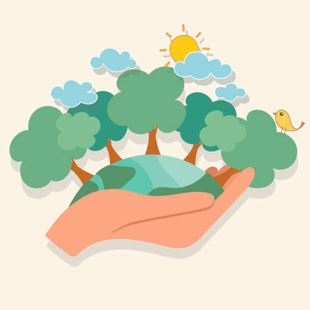 ECO FRIENDLY. Ecology concept with Green Eco Earth and Trees. Vector illustrationのイラスト素材