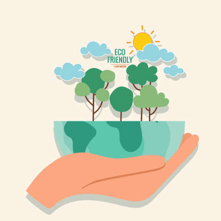 ECO FRIENDLY. Ecology concept with Green Eco Earth and Trees. Vector illustrationのイラスト素材