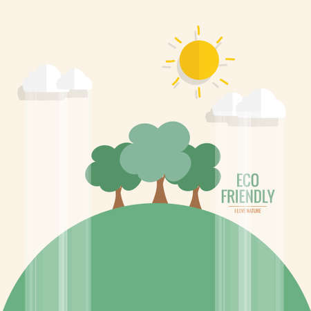 ECO FRIENDLY. Ecology concept with Green Eco Earth and Trees. Vector illustrationのイラスト素材