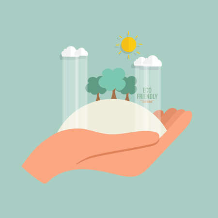 ECO FRIENDLY. Ecology concept with Green Eco Earth and Trees. Vector illustrationのイラスト素材