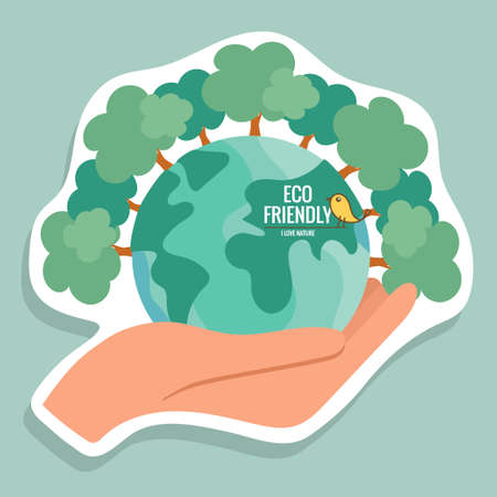 ECO FRIENDLY. Ecology concept with Green Eco Earth and Trees. Vector illustrationのイラスト素材
