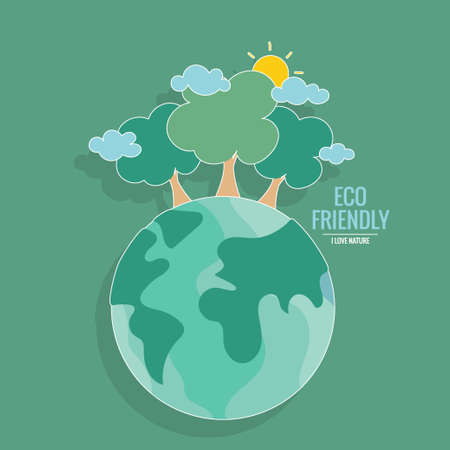 ECO FRIENDLY. Ecology concept with Green Eco Earth and Trees. Vector illustrationのイラスト素材