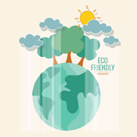 ECO FRIENDLY. Ecology concept with Green Eco Earth and Trees. Vector illustrationのイラスト素材