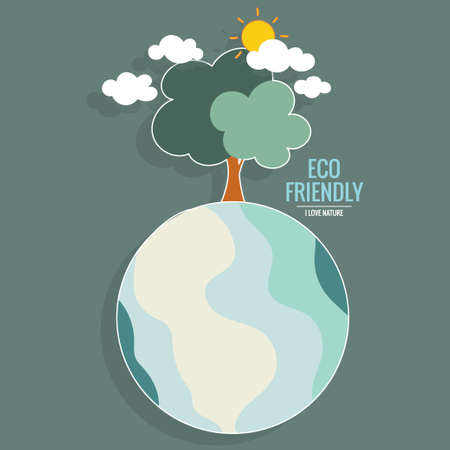 ECO FRIENDLY. Ecology concept with Green Eco Earth and Trees. Vector illustrationのイラスト素材